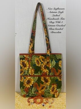 SPRINGTIME AUTUMN SUNFLOWERS LEAFS QUILTED TOTE BAG W/4 AUTUNM ORANGE BRACELETS